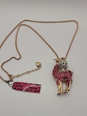 Betsey Johnson Gold-Tone Pink Crystal Fawn Necklace 28" Chain